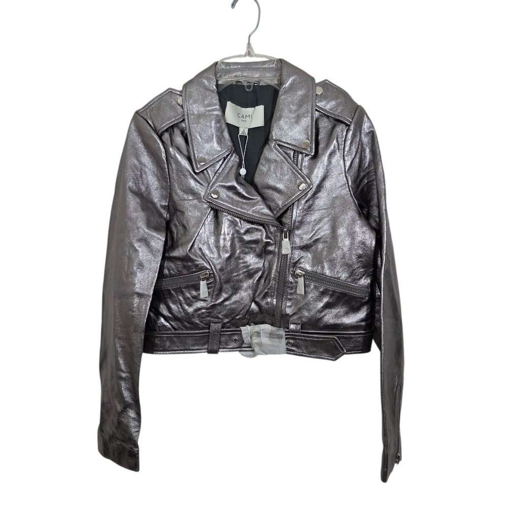 NWT Cami NYC Kali Lamb Leather Jacket Metallic Fog Silver Cropped Moto Small